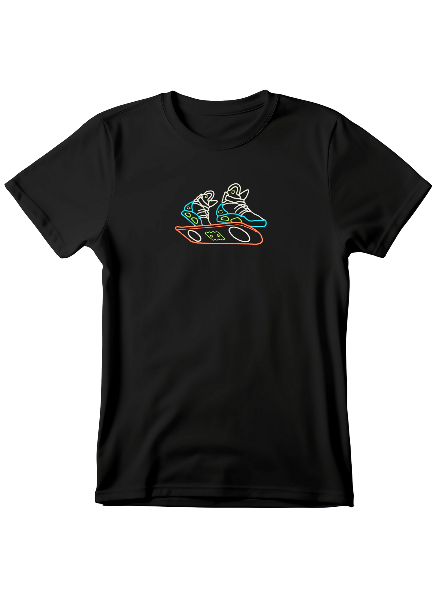 Black 80s hoverboard embroidered t-shirt featuring colorful retro hoverboard and sneaker design