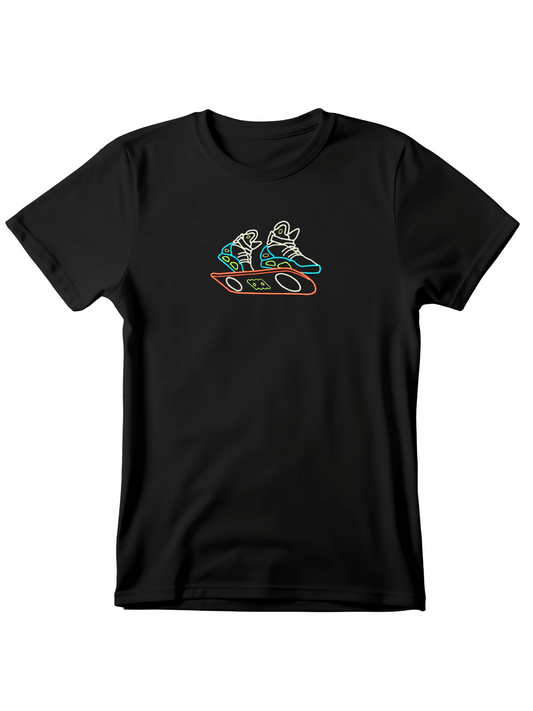 Black 80s hoverboard embroidered t-shirt featuring colorful retro hoverboard and sneaker design