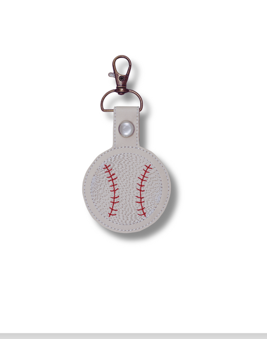 Threadify Shop embroidered baseball keychain with white leather and red stitching for sports fans