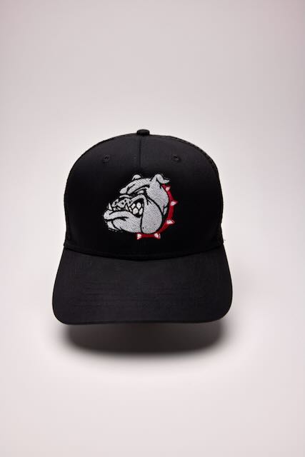 Threadify Shop black bulldog embroidered hat with red spiked collar design on front panel