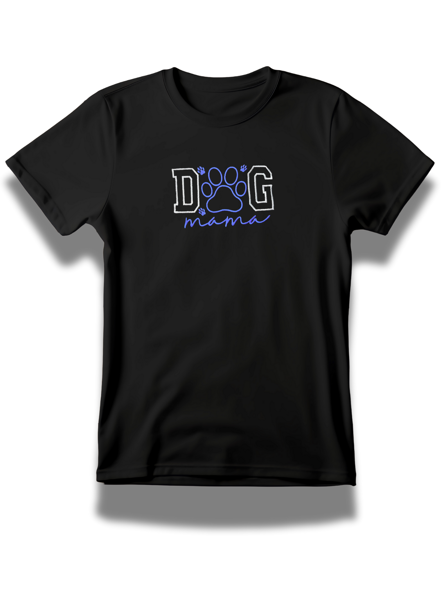 Black dog mama embroidered t-shirt with blue paw print design from Threadify Shop