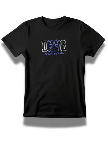 Black dog mama embroidered t-shirt with blue paw print design from Threadify Shop