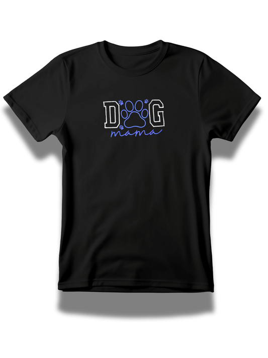 Black dog mama embroidered t-shirt with blue paw print design from Threadify Shop