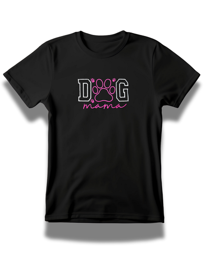 Black dog mama embroidered t-shirt with pink paw print design from Threadify Shop