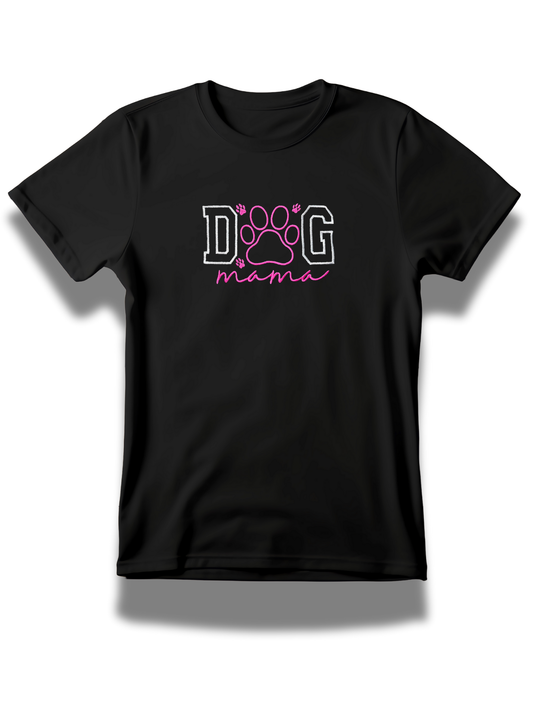 Black dog mama embroidered t-shirt with pink paw print design from Threadify Shop