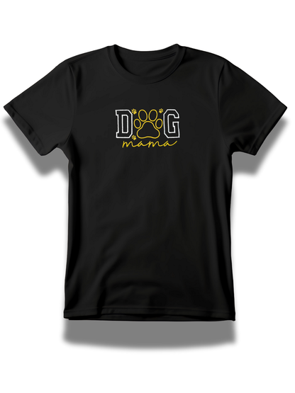Black dog mama embroidered t-shirt with yellow paw print design from Threadify Shop