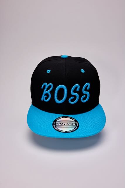 Threadify Shop black and blue 3D puffy embroidery hat with BOSS text and snapback closure