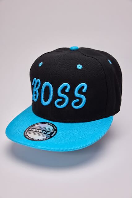 Threadify Shop black and blue 3D puffy embroidery hat with BOSS lettering and snapback closure