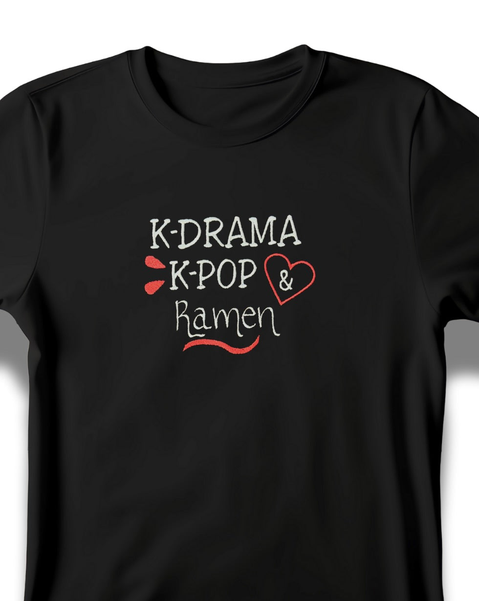 Black K-Drama embroidered t-shirt with white and red text design featuring K-Drama K-Pop and ramen