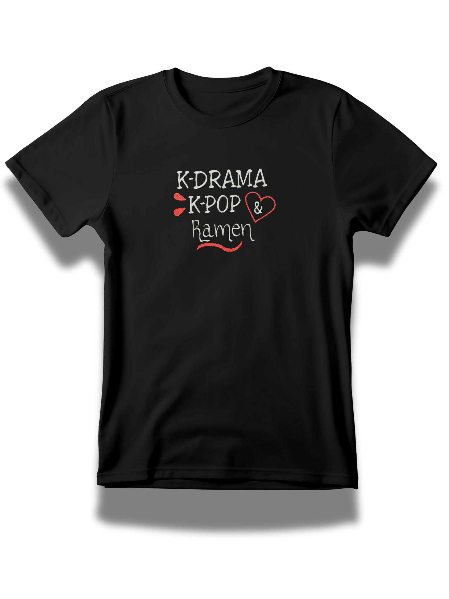 Black K-Drama embroidered t-shirt with K-Pop and ramen text design by Threadify Shop