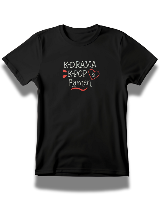Black K-Drama embroidered t-shirt with K-Pop and ramen text design by Threadify Shop