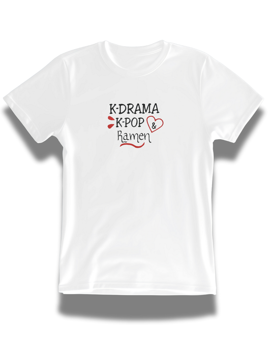 White K-Drama embroidered t-shirt from Threadify Shop with black and red text design