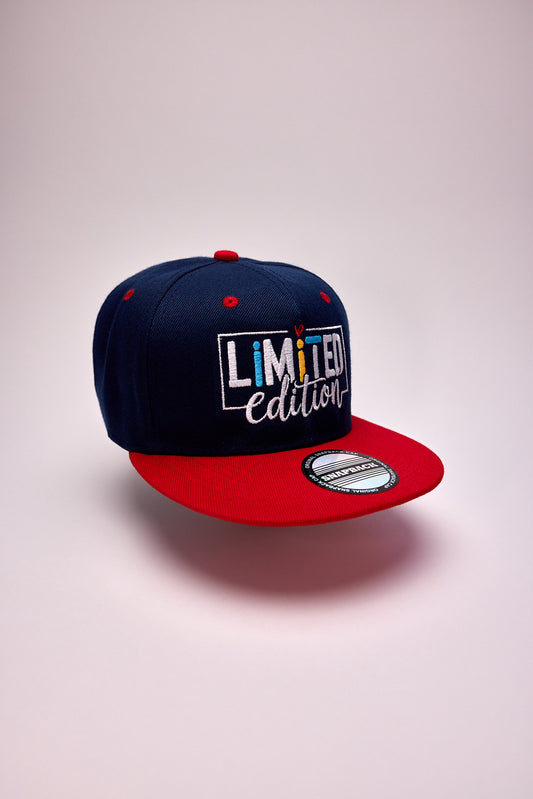 Threadify limited edition embroidered hat with navy crown and red flat brim