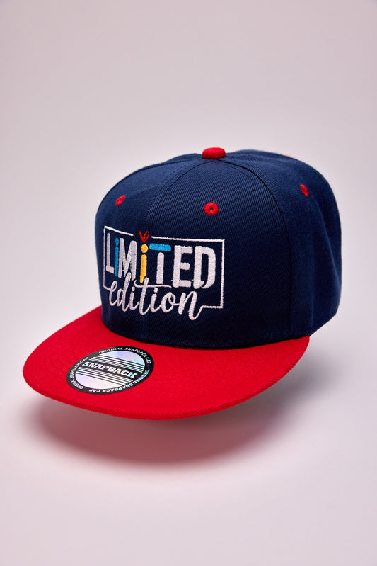 Threadify Shop limited edition embroidered hat with navy crown and red flat brim