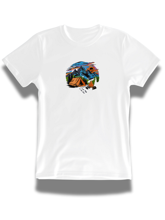 White camping embroidered t-shirt from Threadify Shop featuring a colorful mountain campsite design