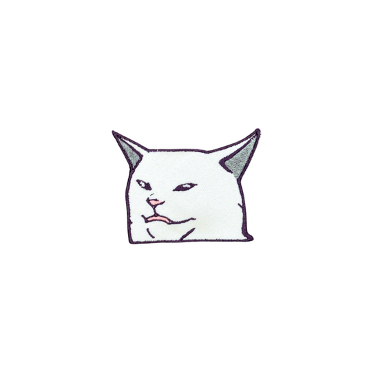 Threadify Shop white cat meme embroidered patch with grumpy expression iron-on patch