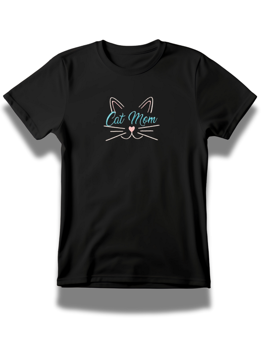 Black cat mom embroidered t-shirt with cat face and whiskers design from Threadify Shop