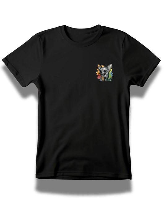 Black chihuahua custom embroidered t-shirt with colorful dog design on chest from Threadify Shop