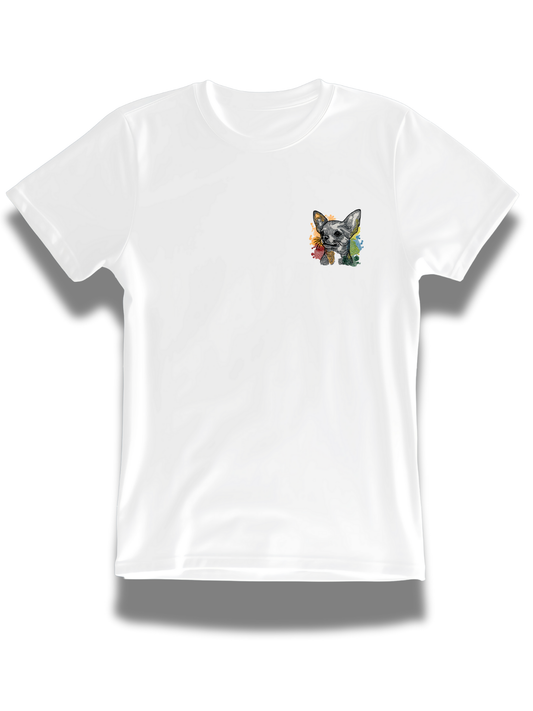 White chihuahua custom embroidered t-shirt from Threadify Shop with colorful dog design on chest