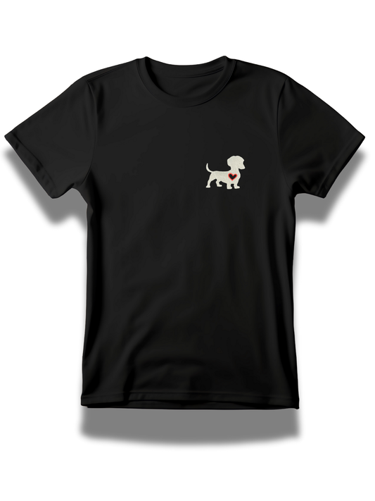Black Threadify Shop dachshund embroidered t-shirt with small white dog and red heart design