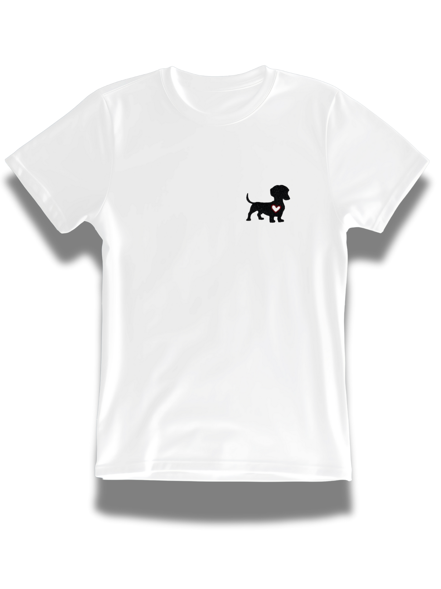 White dachshund embroidered t-shirt from Threadify Shop with small black dog design on chest