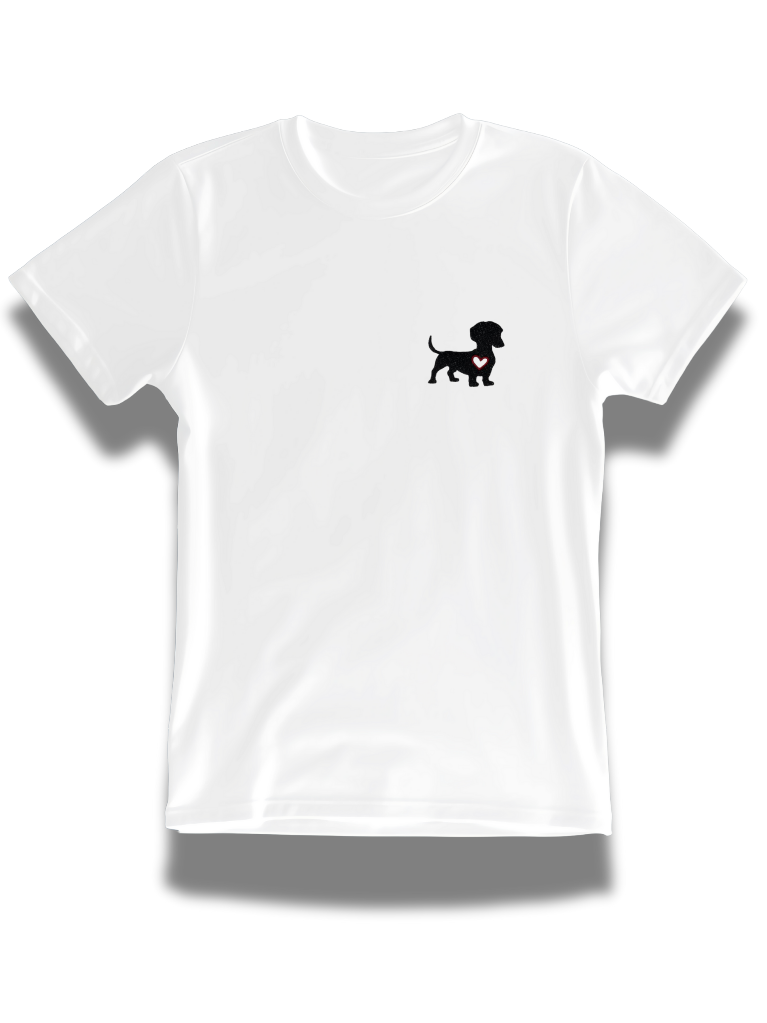 White dachshund embroidered t-shirt from Threadify Shop with small black dog design on chest