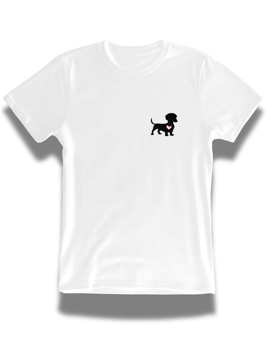 White dachshund embroidered t-shirt from Threadify Shop with small black dog design on chest