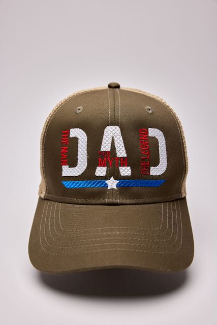 Threadify Shop dad embroidered hat in brown with white and red stitching and blue star detail