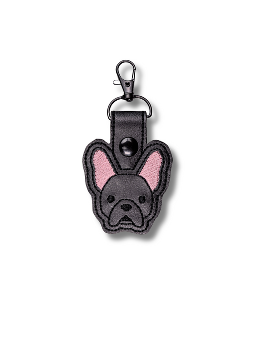 Threadify Shop embroidered French Bulldog keychain with black and pink stitched design and metal clasp