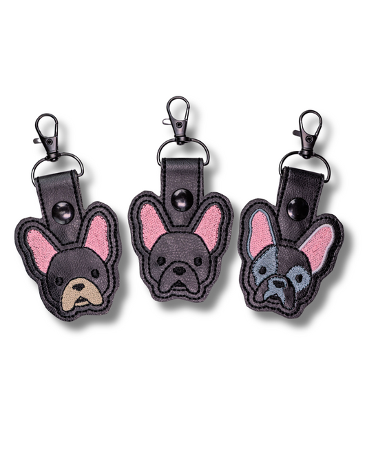 Threadify Shop embroidered French Bulldog keychain set with black clip and pink ear accents