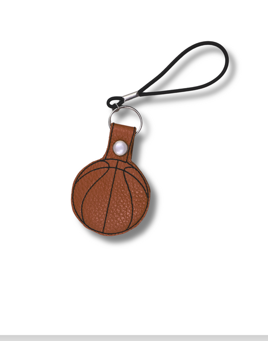 Threadify Shop embroidered leather basketball keychain with black strap and silver button detail