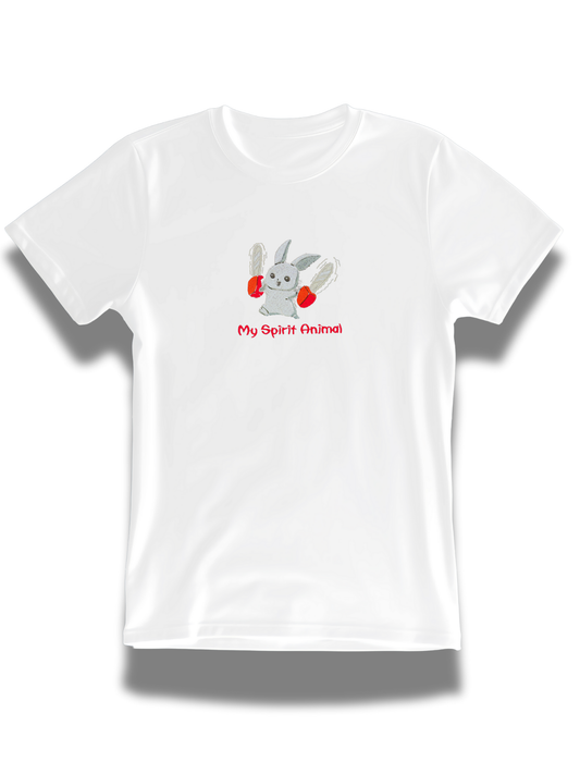 White embroidered spirit animal t-shirt from Threadify Shop with cute bunny and red text design
