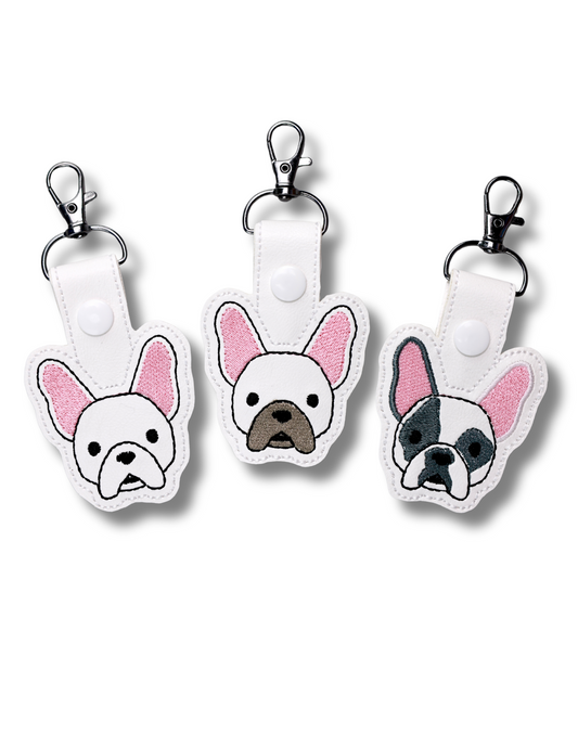 Set of three Threadify Shop French bulldog embroidered keychain with white leather and metal clips