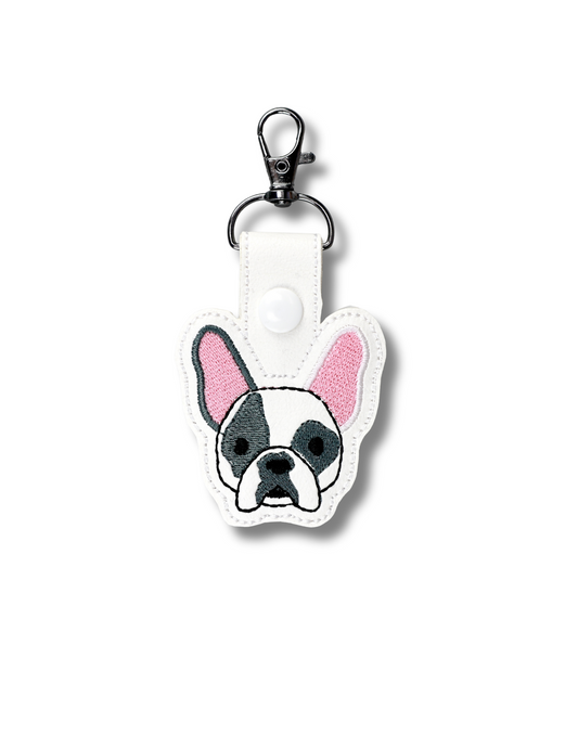 Threadify Shop French bulldog embroidered keychain with white and pink details and metal clip