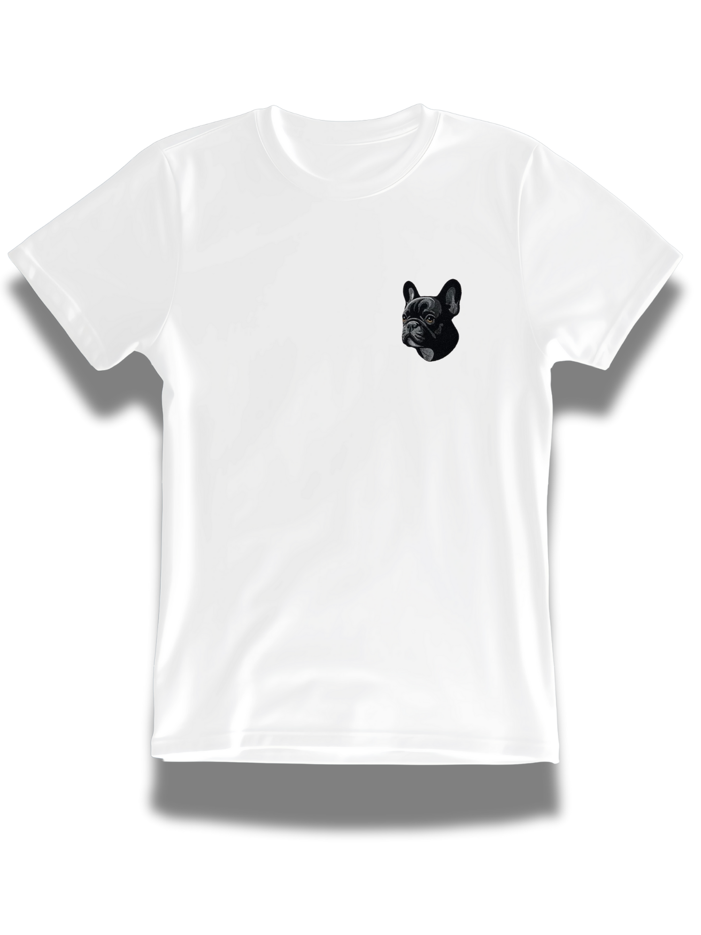 White T-shirt from Threadify Shop with a small black French Bulldog embroidered shirt design on the chest