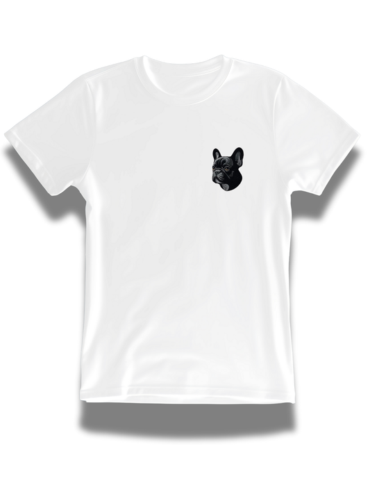 White T-shirt from Threadify Shop with a small black French Bulldog embroidered shirt design on the chest