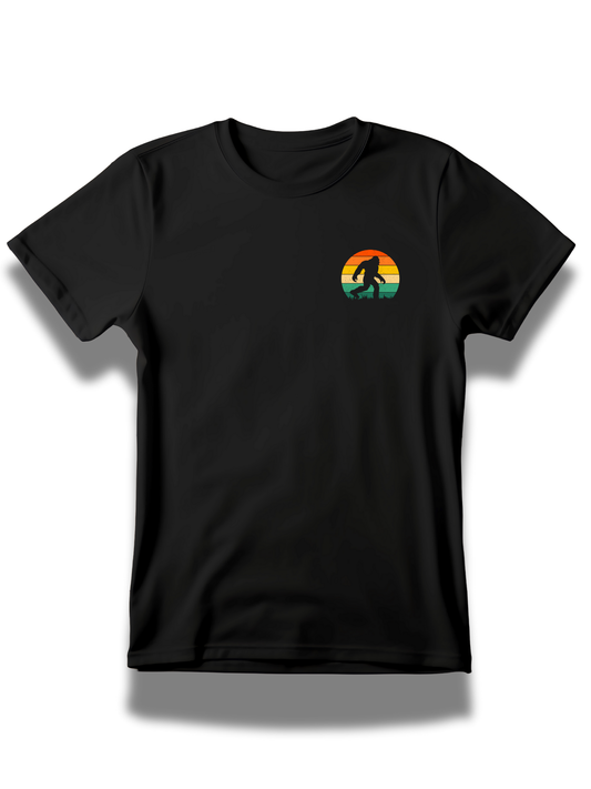Black Sasquatch hiking shirt with retro sunset graphic on front from Threadify Shop