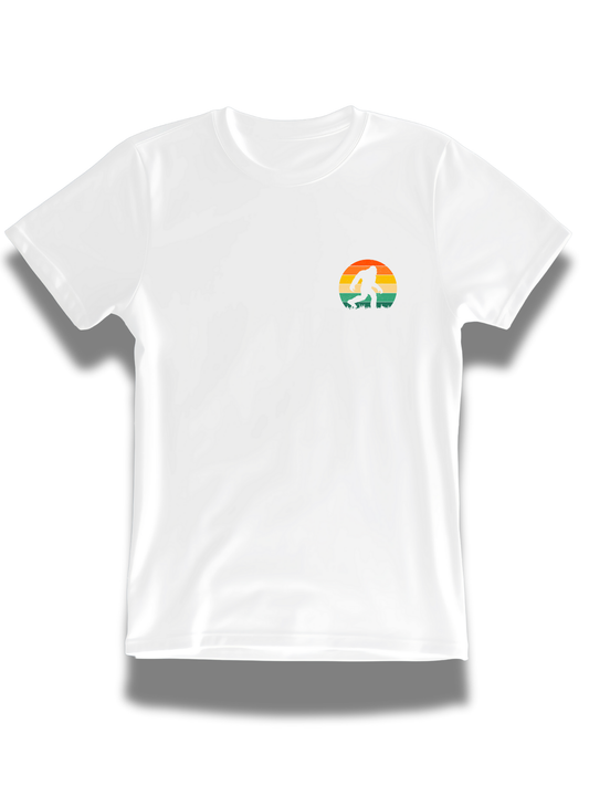 White Threadify Shop t-shirt featuring a small colorful Sasquatch hiking shirt graphic on the chest