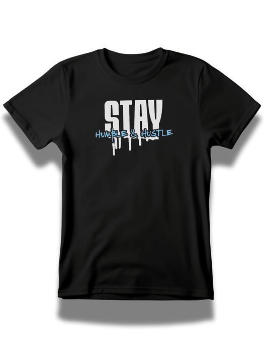 Black stay humble hustle graphic t-shirt by Threadify Shop with bold white and blue text design