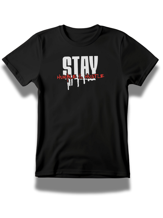 Threadify Shop black stay humble hustle graphic t-shirt with bold white and red text design
