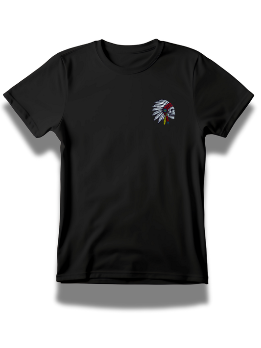 Black Threadify Shop tribal skull embroidered t-shirt with colorful feather design on chest
