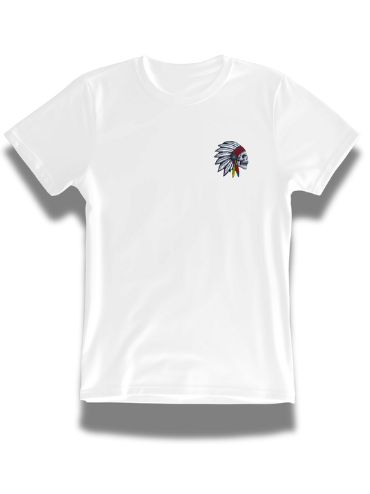 White tribal skull embroidered t-shirt with colorful skull and feather design from Threadify Shop