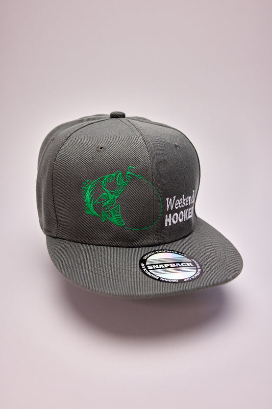 Threadify Shop Weekend Hooker embroidered hat in gray with green fish design and adjustable snapback